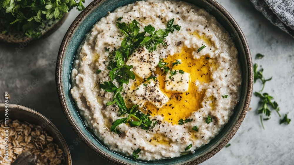 Bowl of creamy oatmeal topped with melted butter and fresh herbs on a rustic surface Bowl of creamy oatmeal topped with melted butter and fresh herbs on a rustic surface