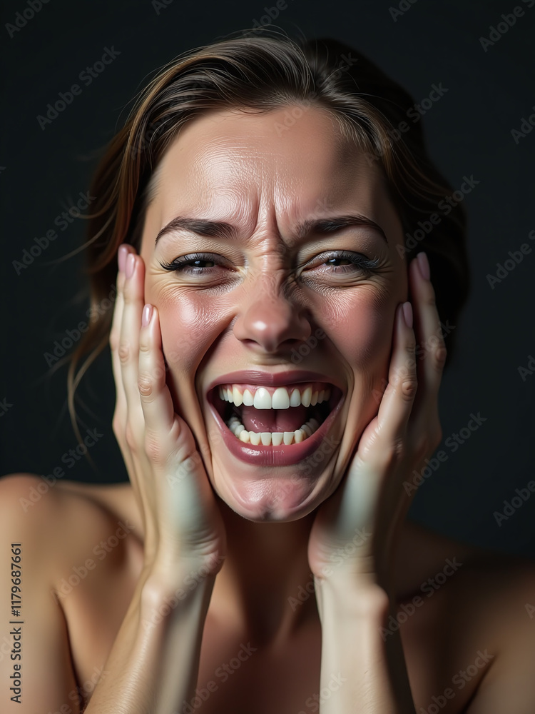 A Dark Portrait Depicts A Woman Stretching Her Skin In An Ugly Grimace To Protest Against The Pursuit Of Youthful Beauty Through Plastic Surgery. 00003 A Dark Portrait Depicts A Woman Stretching Her Skin In An Ugly Grimace To Protest Against The Pursuit Of Youthful Beauty Through Plastic Surgery. 00003