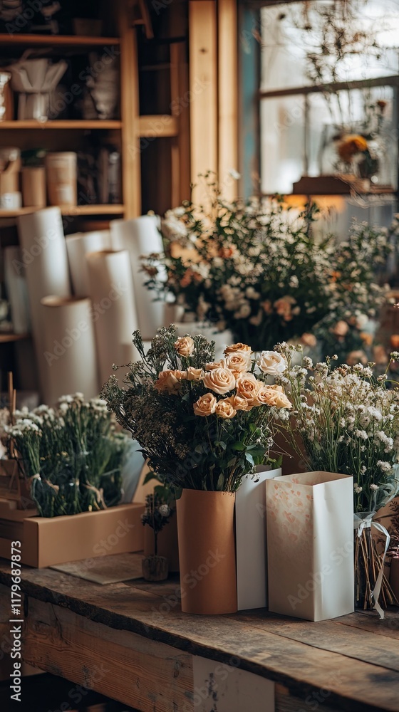 A rustic florists workspace with freshly cut flowers and wrapping paper A rustic florists workspace with freshly cut flowers and wrapping paper