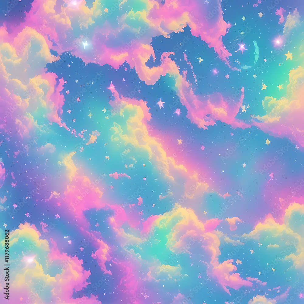 A vibrant cosmic cloudscape with nebula, stars, and fluffy clouds A vibrant cosmic cloudscape with nebula, stars, and fluffy clouds