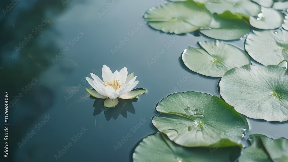 Mindfulness concept. A serene water lily floats on a tranquil pond surrounded by green lily pads, reflecting calmness and natural beauty. Mindfulness concept. A serene water lily floats on a tranquil pond surrounded by green lily pads, reflecting calmness and natural beauty.
