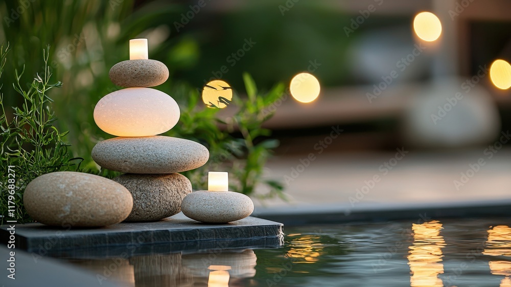 Mindfulness concept. A serene arrangement of stacked stones with candles near a reflective pool, surrounded by greenery and soft bokeh lights. Mindfulness concept. A serene arrangement of stacked stones with candles near a reflective pool, surrounded by greenery and soft bokeh lights.
