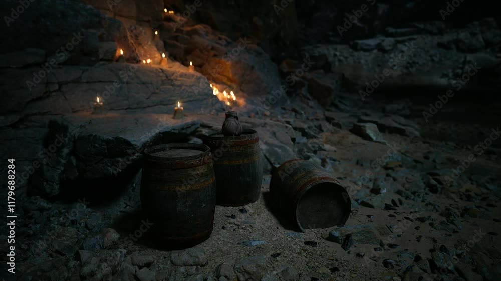 Flickering candles cast a soft glow against the rocky walls of a cave. Two worn barrels sit among scattered pebbles on the ground, creating an atmospheric and mysterious setting. Flickering candles cast a soft glow against the rocky walls of a cave. Two worn barrels sit among scattered pebbles on the ground, creating an atmospheric and mysterious setting.