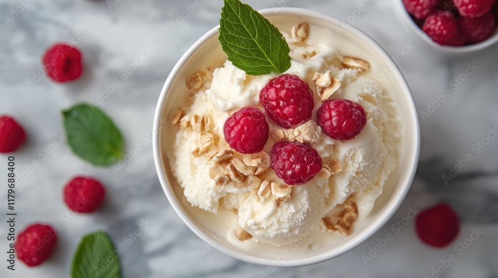 Bowl of Creamy Vanilla Ice Cream Topped with Raspberries and Oats on a Marble Surface Bowl of Creamy Vanilla Ice Cream Topped with Raspberries and Oats on a Marble Surface