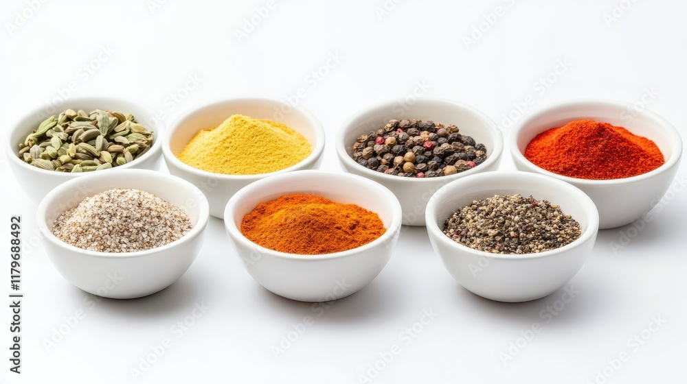 Assorted Bowls of Spices and Condiments with Blank Space for Text Displaying Culinary Ingredients and Flavor Enhancers Assorted Bowls of Spices and Condiments with Blank Space for Text Displaying Culinary Ingredients and Flavor Enhancers