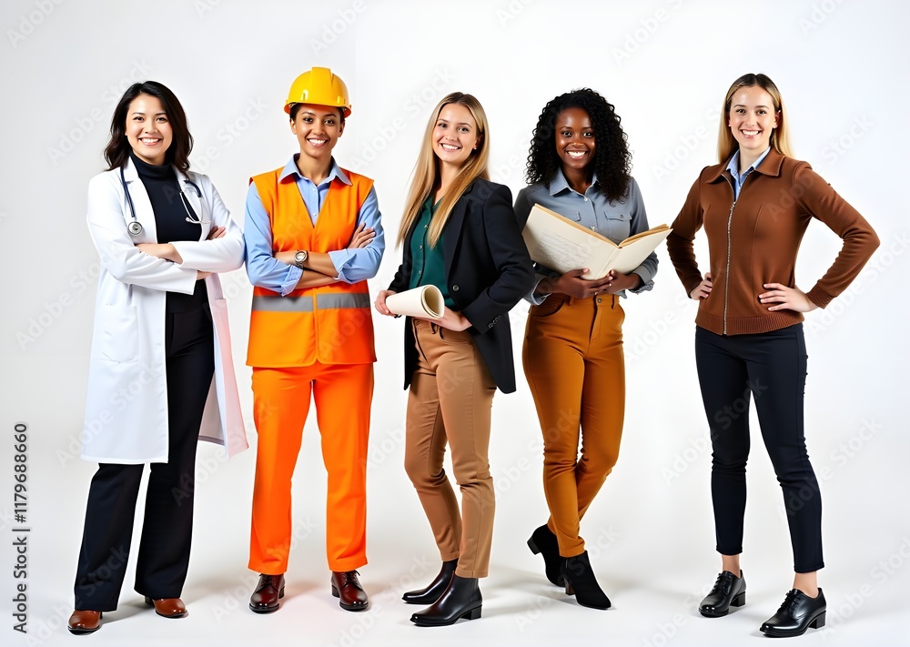 Obraz premium Female Jobs. Various women in their work uniforms posing on blue background, diverse happy multiethnic ladies representing different professions standing on white background. Labor day concept.