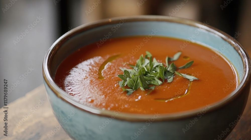 Bowl of vibrant tomato soup garnished with fresh herbs showcasing minimalist food presentation and culinary artistry. Bowl of vibrant tomato soup garnished with fresh herbs showcasing minimalist food presentation and culinary artistry.