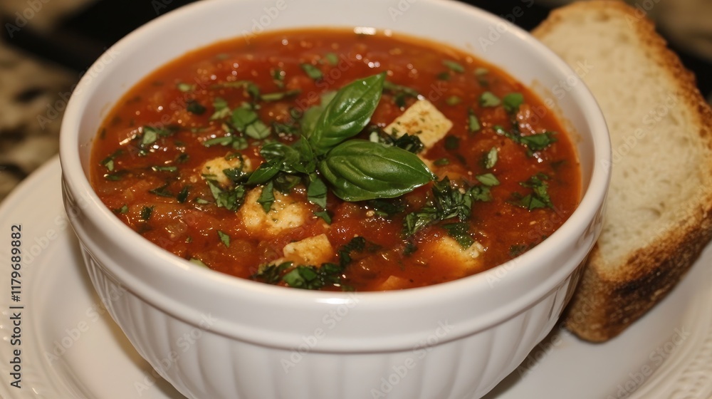 Delicious tomato soup served in a white bowl with fresh basil garnish and a slice of bread for a perfect meal presentation Delicious tomato soup served in a white bowl with fresh basil garnish and a slice of bread for a perfect meal presentation