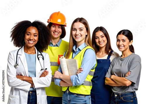 Female Jobs. Various women in their work uniforms posing on blue background, diverse happy multiethnic ladies representing different professions standing on white background. Labor day concept.