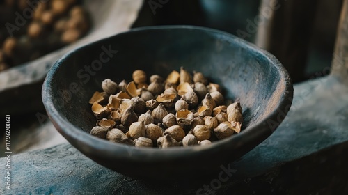 Candlenuts in a rustic bowl showcasing their culinary and nutritional uses for cooking and hair care. photo