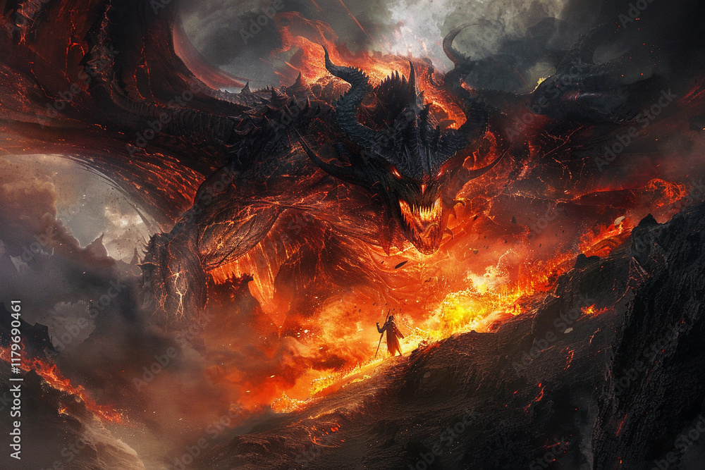 Naklejka premium Scary sinister devil is in hell with dramatic bright fire lighting, abstract vivid composition consists of fictional unreal fantastic vision on background