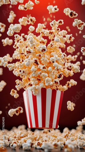Popcorn flying snack texture banner concept. Bursting popcorn in a striped container with a red background.