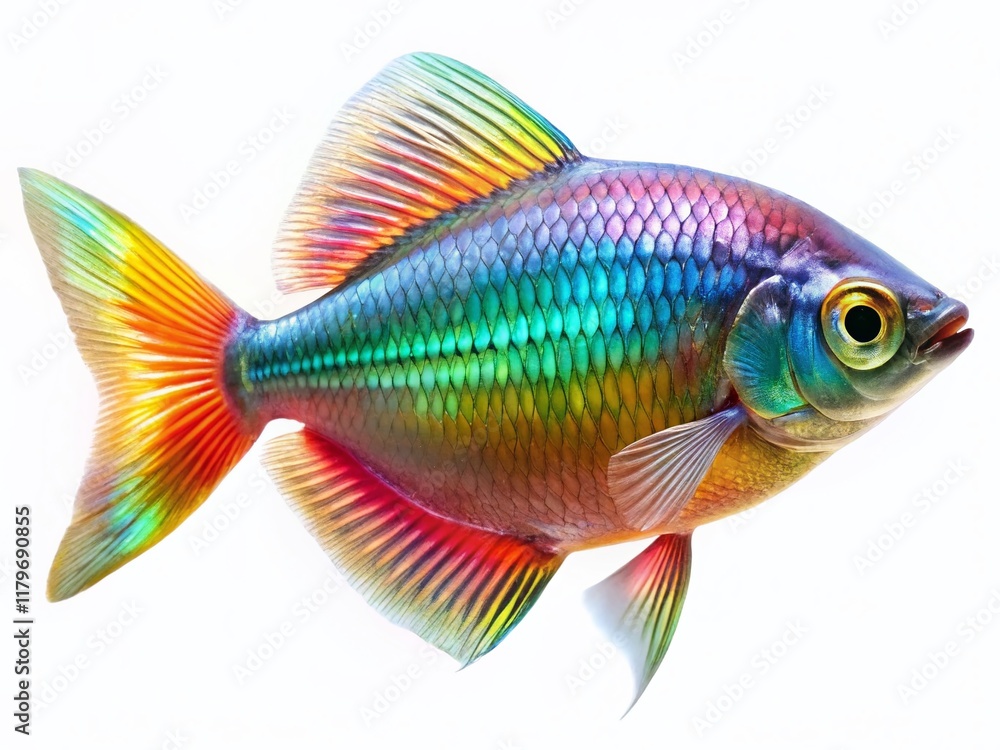 Fototapeta premium Iridescent Rainbowfish with Flowing Fins - Isolated White Background Stock Photo