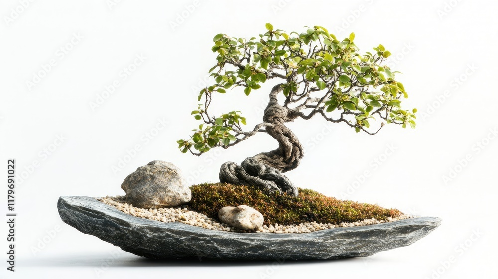 Fototapeta premium Bonsai tree decorative piece with rocks and moss artfully arranged on a natural stone base isolated on white background