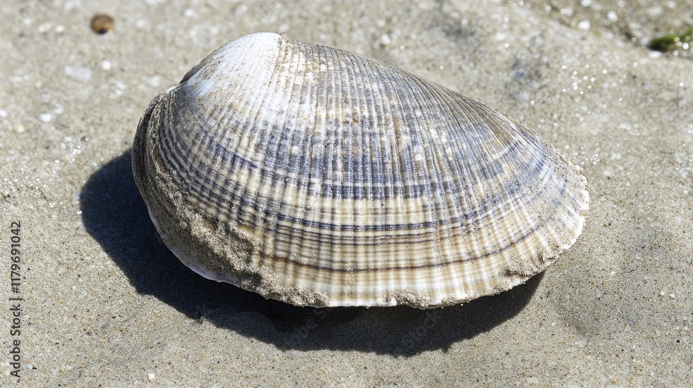 Close up of a delicate gray and white seashell illuminated by sunlight resting on a sandy beach surface Close up of a delicate gray and white seashell illuminated by sunlight resting on a sandy beach surface