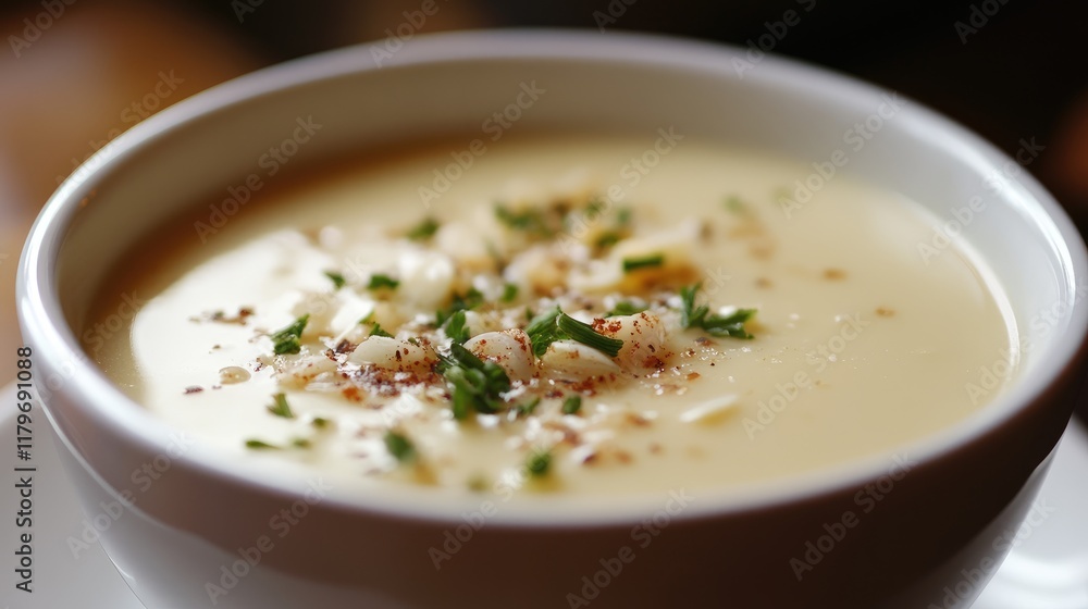 Creamy clam chowder topped with minced herbs and spices in a white bowl on a rustic wooden table Creamy clam chowder topped with minced herbs and spices in a white bowl on a rustic wooden table