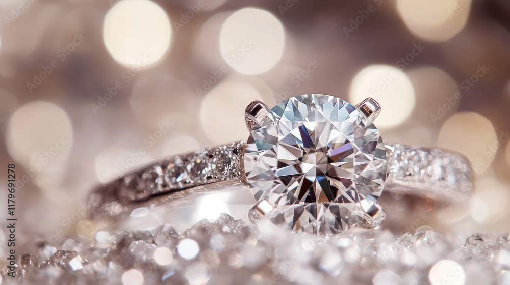 Stunning close up of a sparkling diamond engagement ring reflecting light and showcasing intricate details on a shimmering background Stunning close up of a sparkling diamond engagement ring reflecting light and showcasing intricate details on a shimmering background