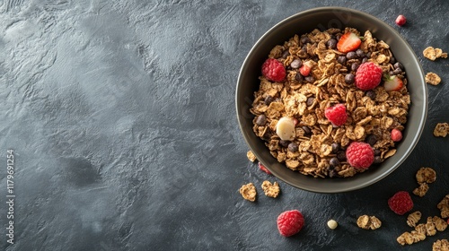 Bowl of colorful granola cereal with fresh berries on dark textured background ideal for healthy eating concepts and breakfast promotions photo