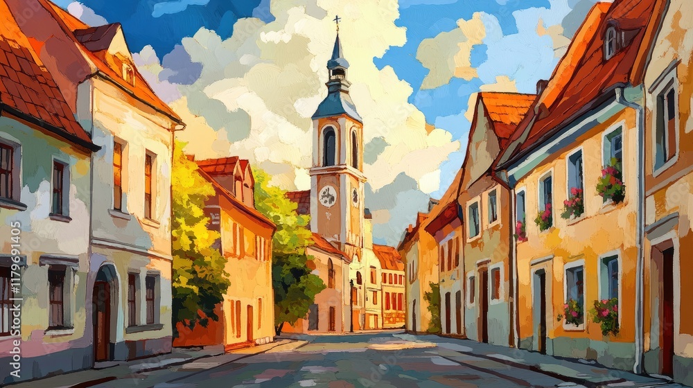 Obraz premium Colorful cityscape featuring a charming street with historic buildings and a stunning church in an old town setting.