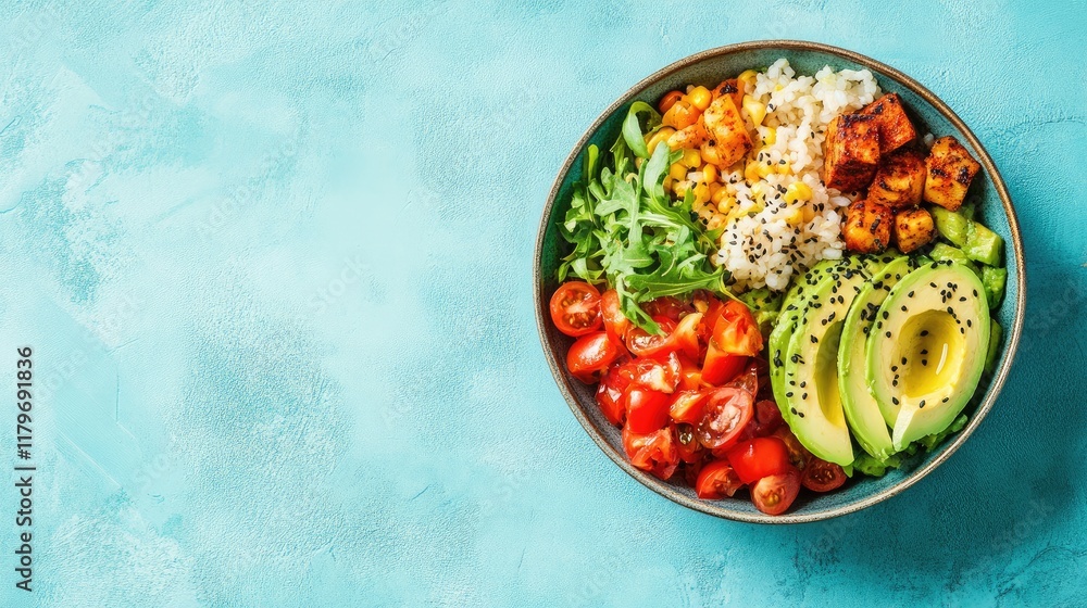 Bowl of fresh avocado salad with colorful vegetables on a vibrant turquoise background perfect for healthy food concepts and advertising.