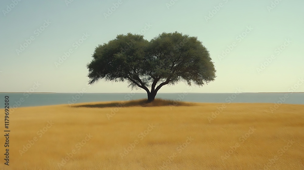 Solitary Tree Stands on Sandy Shore by Calm Sea Solitary Tree Stands on Sandy Shore by Calm Sea