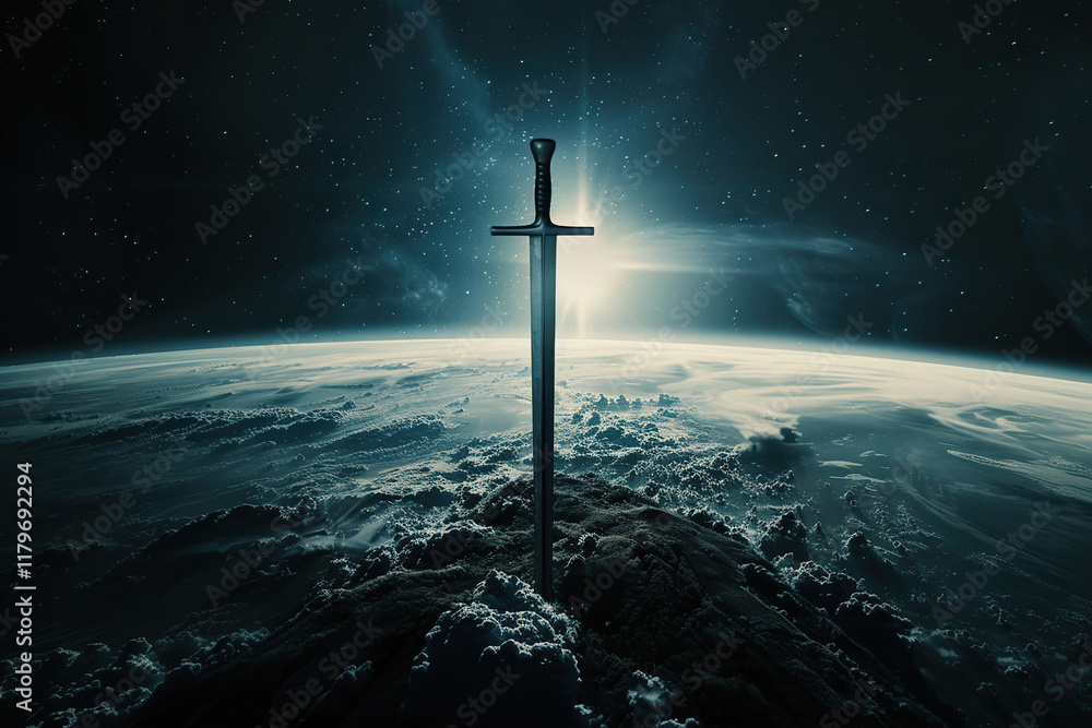 Naklejka premium Fantastic weapon royal sword with beautiful handle and sharp blade, abstract vivid composition consists of fictional unreal fantastic vision on background