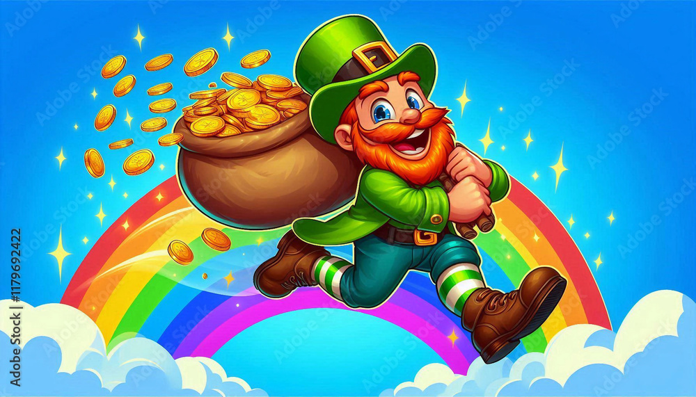 Naklejka premium Leprechaun with pot of gold on rainbow, festive illustration with coins and lucky shamrocks