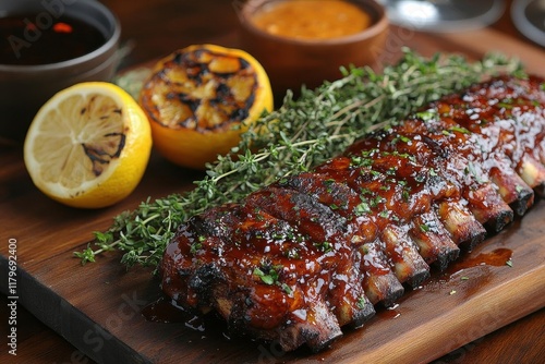 succulent and tender slowsmoked bbq baby back ribs with caramelized honeybourbon glaze fresh herbs and charred lemon on rustic wooden board photo