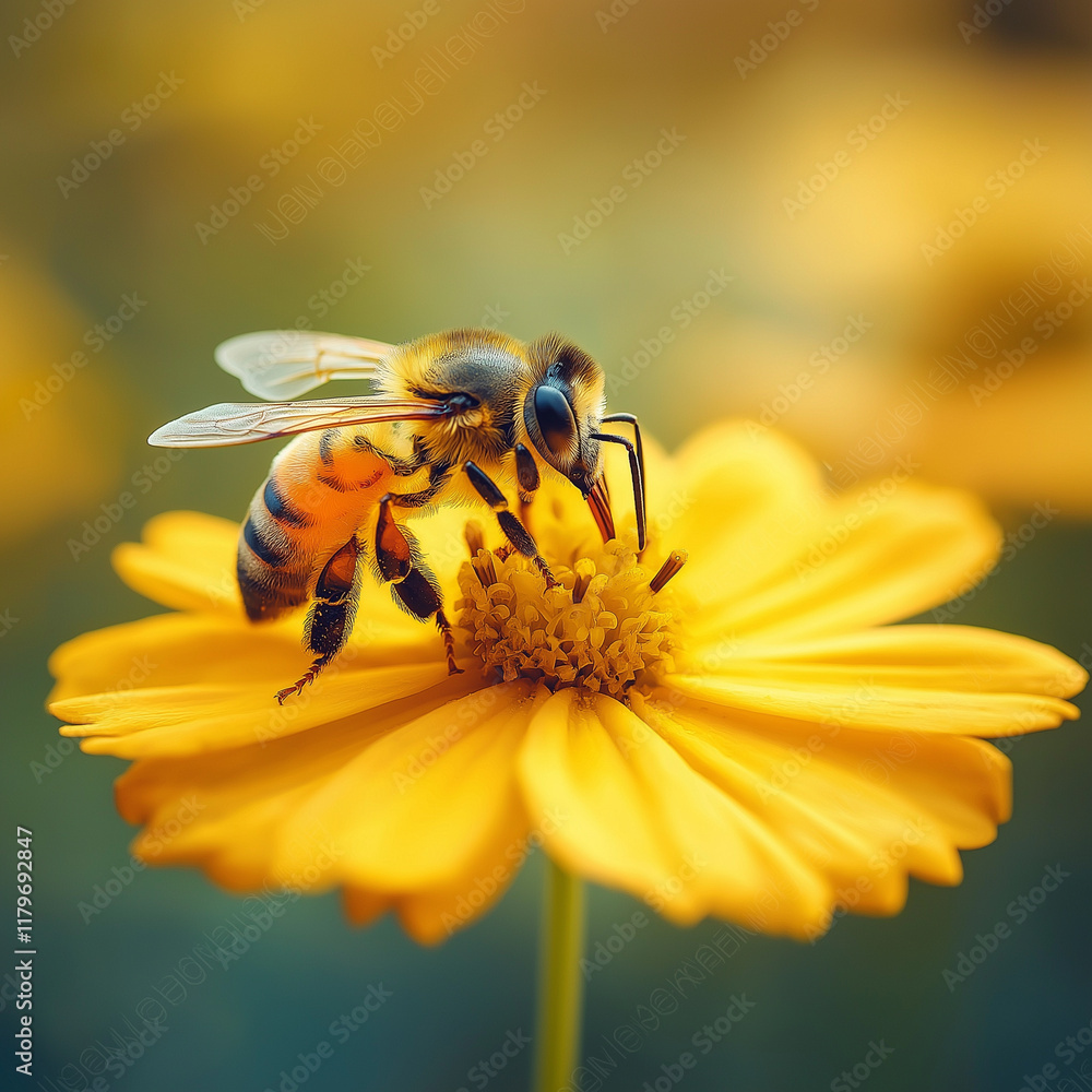 A macro shot of a honeybee gathering pollen on a yellow flower, showcasing intricate textures and vibrant springtime colors A macro shot of a honeybee gathering pollen on a yellow flower, showcasing intricate textures and vibrant springtime colors