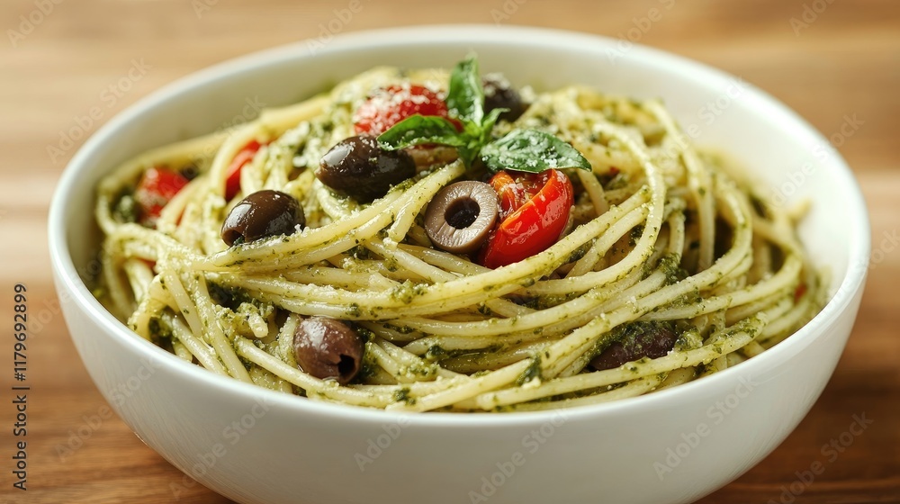 Bowl of spaghetti pasta with pesto fresh tomatoes olives and garlic on rustic wooden background traditional Italian cuisine Bowl of spaghetti pasta with pesto fresh tomatoes olives and garlic on rustic wooden background traditional Italian cuisine