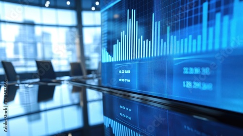 Wallpaper Mural Data Visualization on Glass Screen in Modern Office Environment with City View and Conference Table Setting Torontodigital.ca