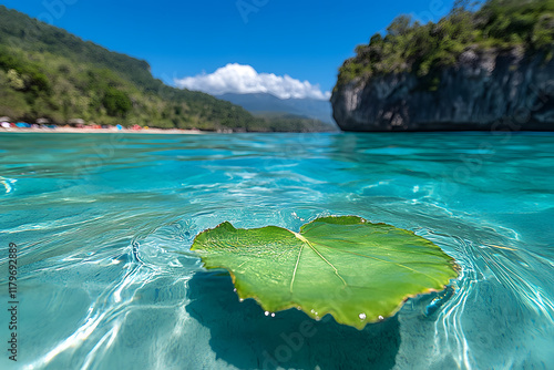 Grünes Blatt treibend auf türkisfarbenem Wasser in tropischer Landschaft photo