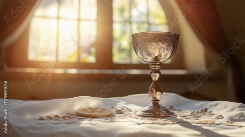 A silver chalice stands next to a communion wafer on a linen cloth bathed in warm sunlight photo