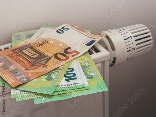 Human Hand Holding Euro Banknotes near Electric Heater Radiator at Home. Man Pay Money for Heating. Expensive to Heat. Energy Saving. Rising Cost of Living. Global Gas Crisis. Paying Cold Season Bills
