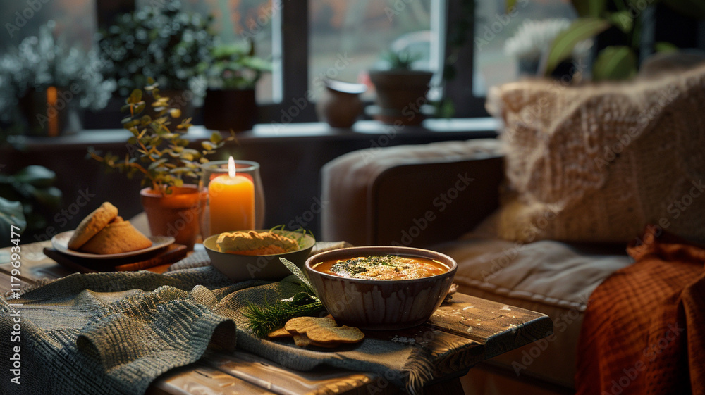 A cozy winter evening with delivered plant-based soups and crusty bread on a coffee table. A cozy winter evening with delivered plant-based soups and crusty bread on a coffee table.