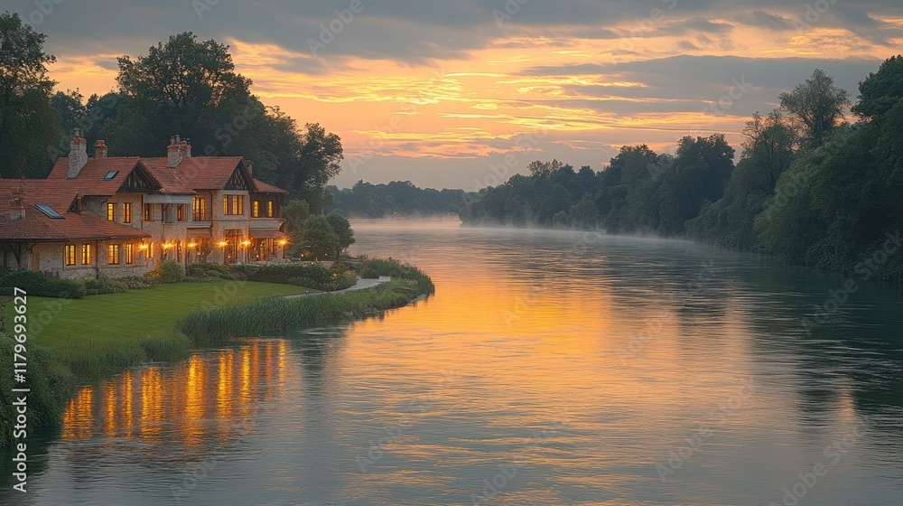 Fototapeta premium Sunset over river with waterfront house.