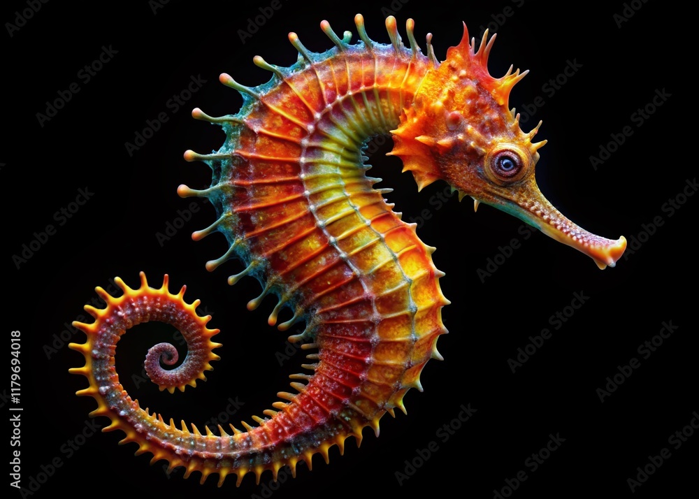Isolated Seahorse, Black Background, High-Resolution Stock Photo, Underwater Wildlife