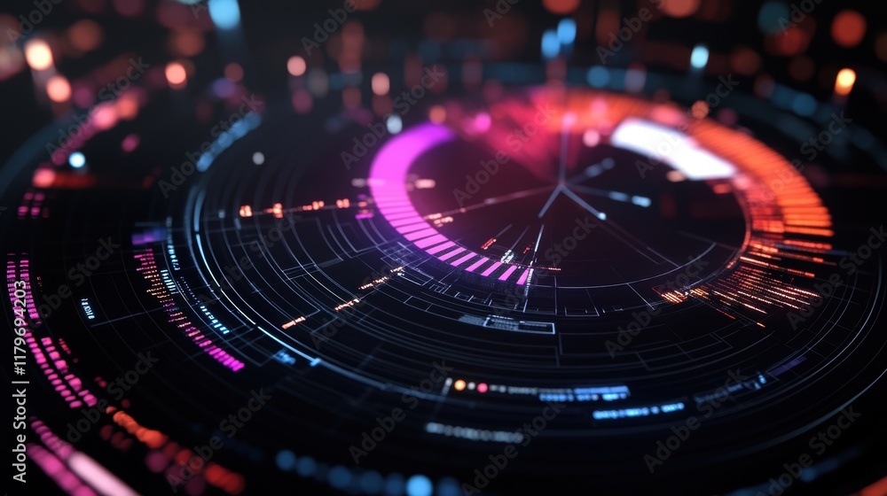 Glowing futuristic circular heads up display - hud - element visualizing manufacturing data analysis with colorful progress bars and intricate details on a dark background Glowing futuristic circular heads up display - hud - element visualizing manufacturing data analysis with colorful progress bars and intricate details on a dark background