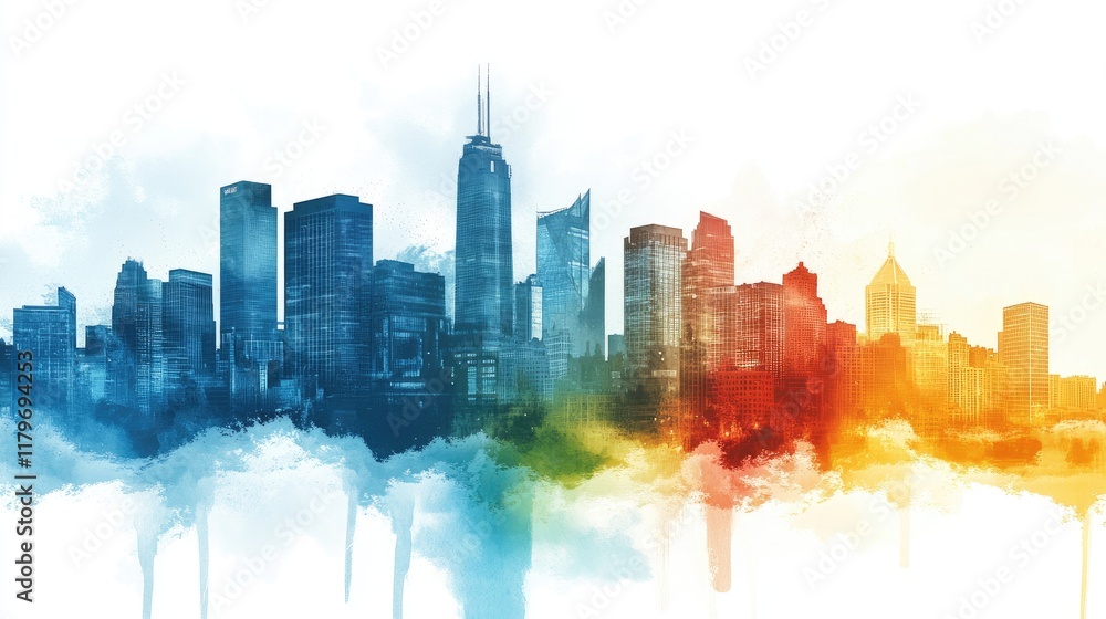 Obraz premium Colorful watercolor cityscape silhouette with urban skyline and vibrant hues blending into a dreamy background.