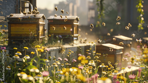 Beehives nestled on a city rooftop, with bees flying among wildflowers, enriching the local ecosystem and contributing to urban farming. photo