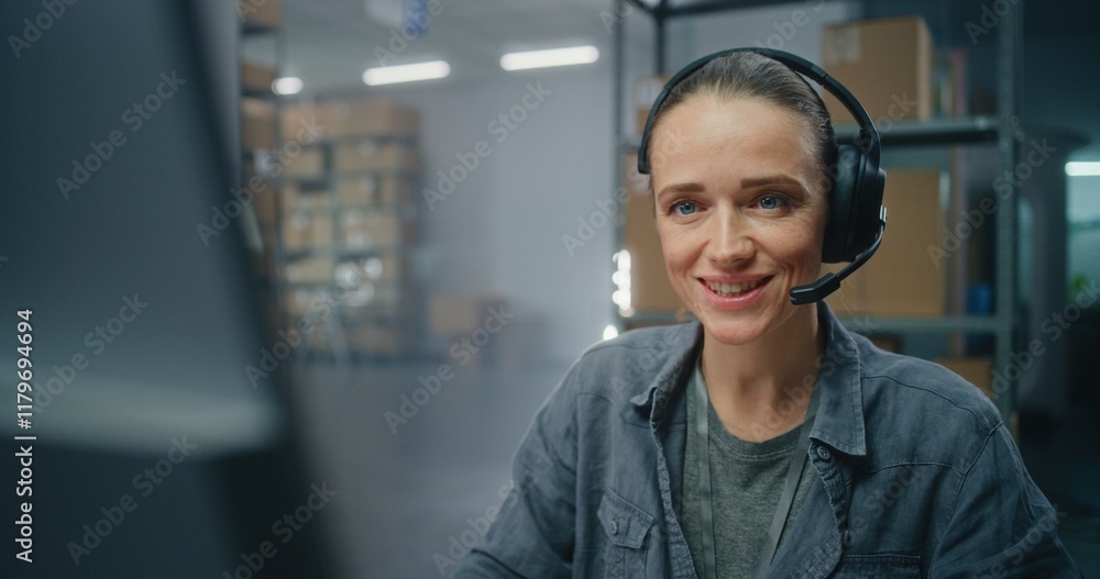 Fototapeta premium Warehouse of postal service or E-commerce store: Female logistics manager in headset talks on call with customer, uses computer. Sorting center worker checking cardboard boxes for shipping to clients.