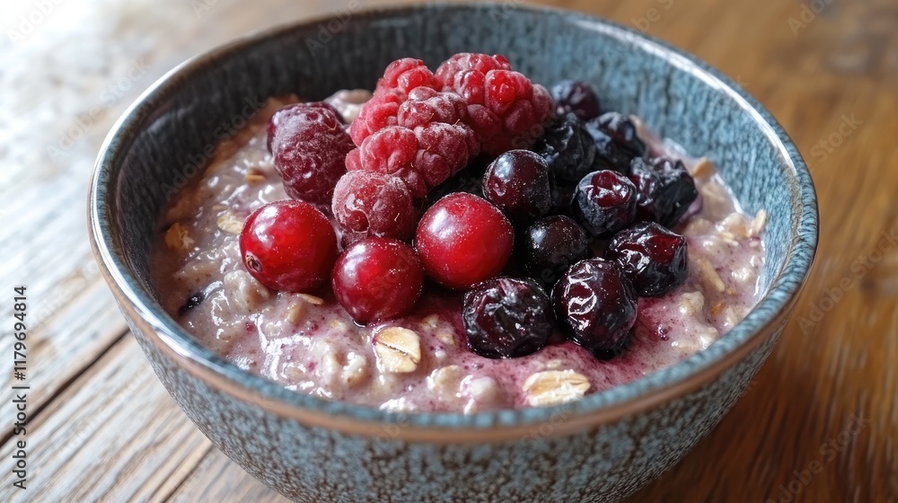 Bowl of nutritious oatmeal garnished with vibrant berries and craisins perfect for a healthy breakfast on rustic wooden table Bowl of nutritious oatmeal garnished with vibrant berries and craisins perfect for a healthy breakfast on rustic wooden table