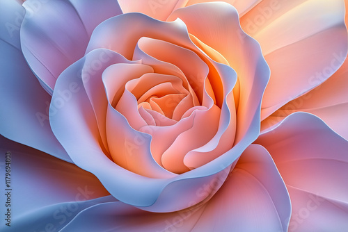 A close-up of a rose-like spiral composed of layered abstract petals in pastel pink and orange hues, showcasing artistic elegance and vibrant detail