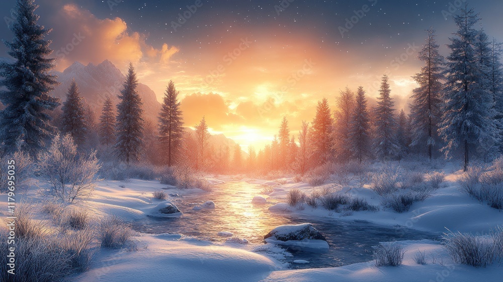 Sunset over snowy river in winter forest. Sunset over snowy river in winter forest.