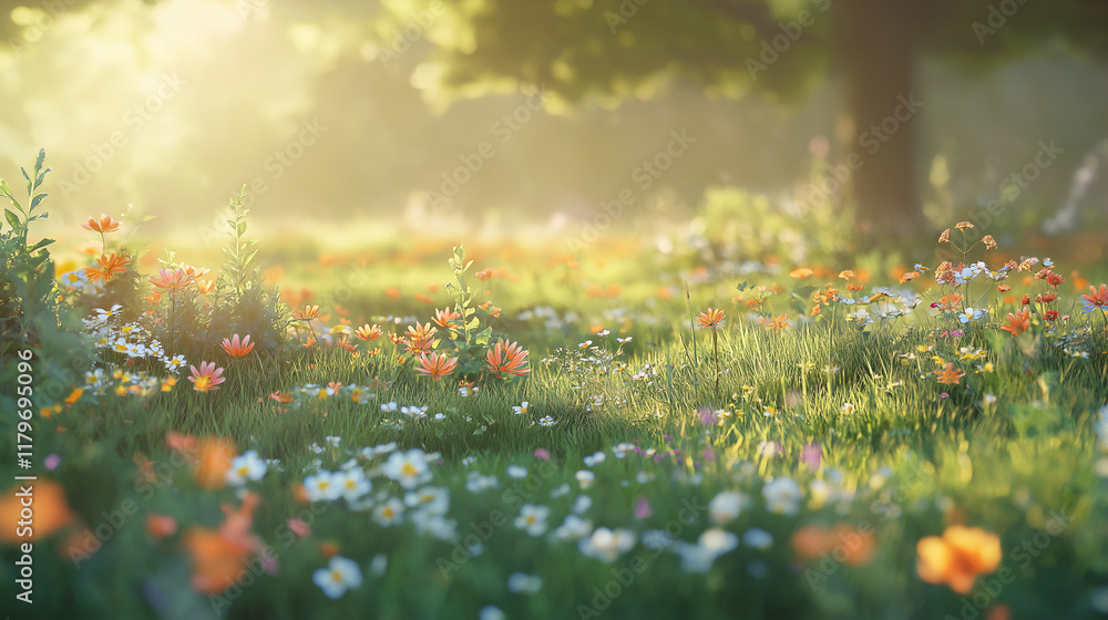 Fototapeta premium A lush meadow of wildflowers illuminated by gentle golden sunlight, creating a serene and vibrant spring scene surrounded by nature's beauty