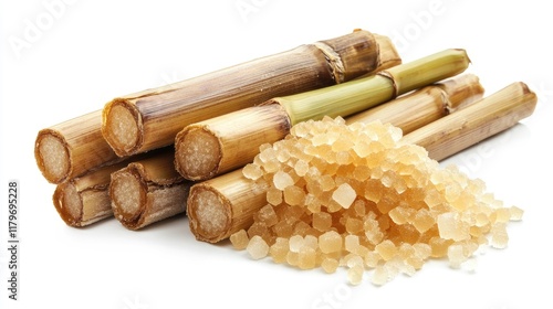 Sugar cane stalks and raw sugar crystals displayed against a clean white backdrop showcasing the natural sweetness of sugar production