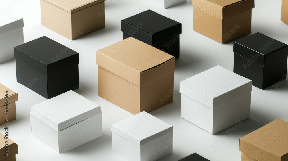 Cardboard parcel box for delivery vector icon. 3d isolated carton white, black and brown paper storage container set. Realistic render of simple blank deliver case for courier distribution in color Cardboard parcel box for delivery vector icon. 3d isolated carton white, black and brown paper storage container set. Realistic render of simple blank deliver case for courier distribution in color
