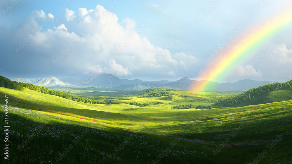 Obraz premium A bright rainbow stretches over rolling green hills and distant mountains under a partly cloudy sky, creating a breathtaking and serene natural scene