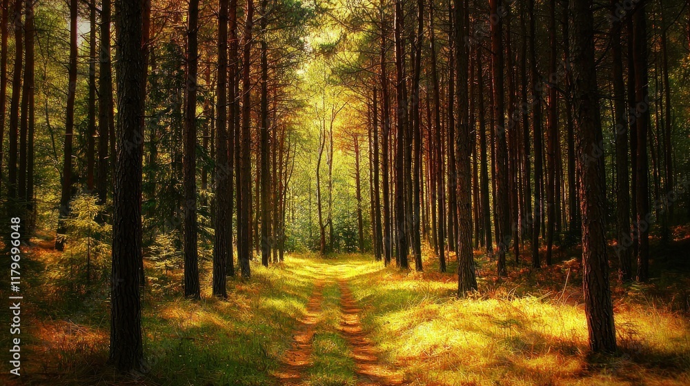 Fototapeta premium Sunlit Path Through a Golden Forest: A Tranquil Woodland Scene