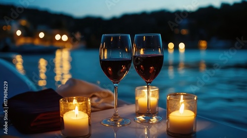 Romantic candles and red wine setting for a dinner on a serene waterside at twilight with soft bokeh lights in the background